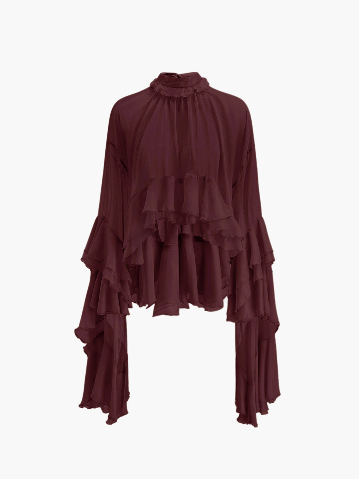 Transparente Chiffonbluse mit Rollkragen und Rüschen