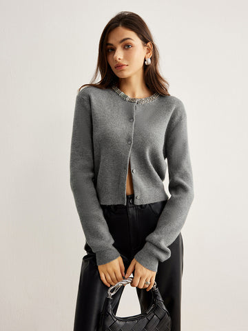 Stone Embellished Collar Chest Cardigan