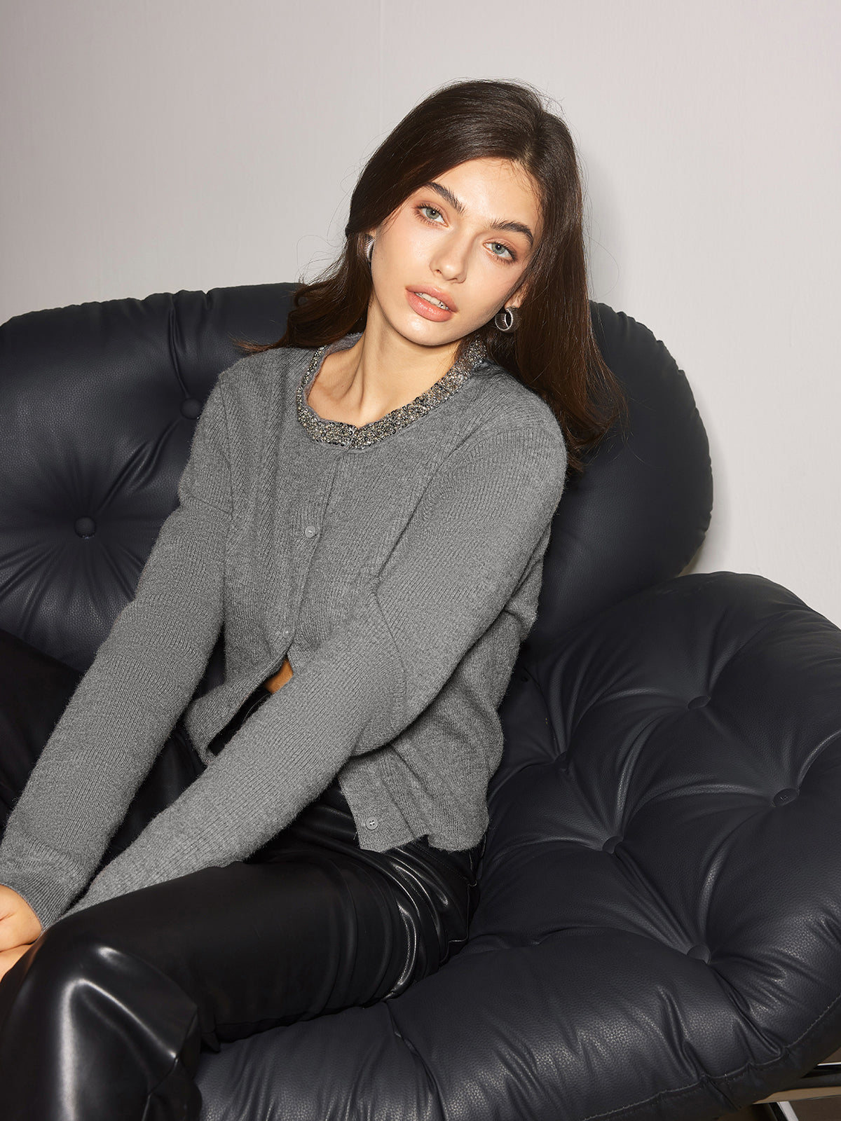 Stone Embellished Collar Chest Cardigan