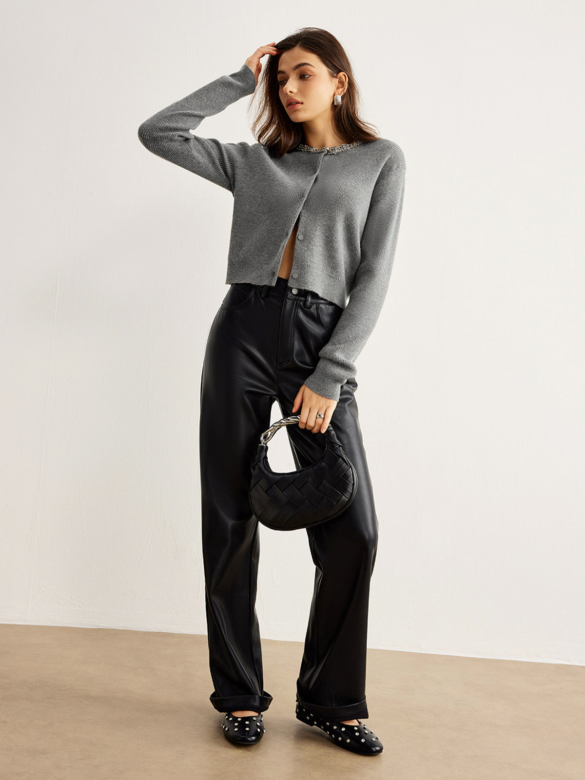 Stone Embellished Collar Chest Cardigan