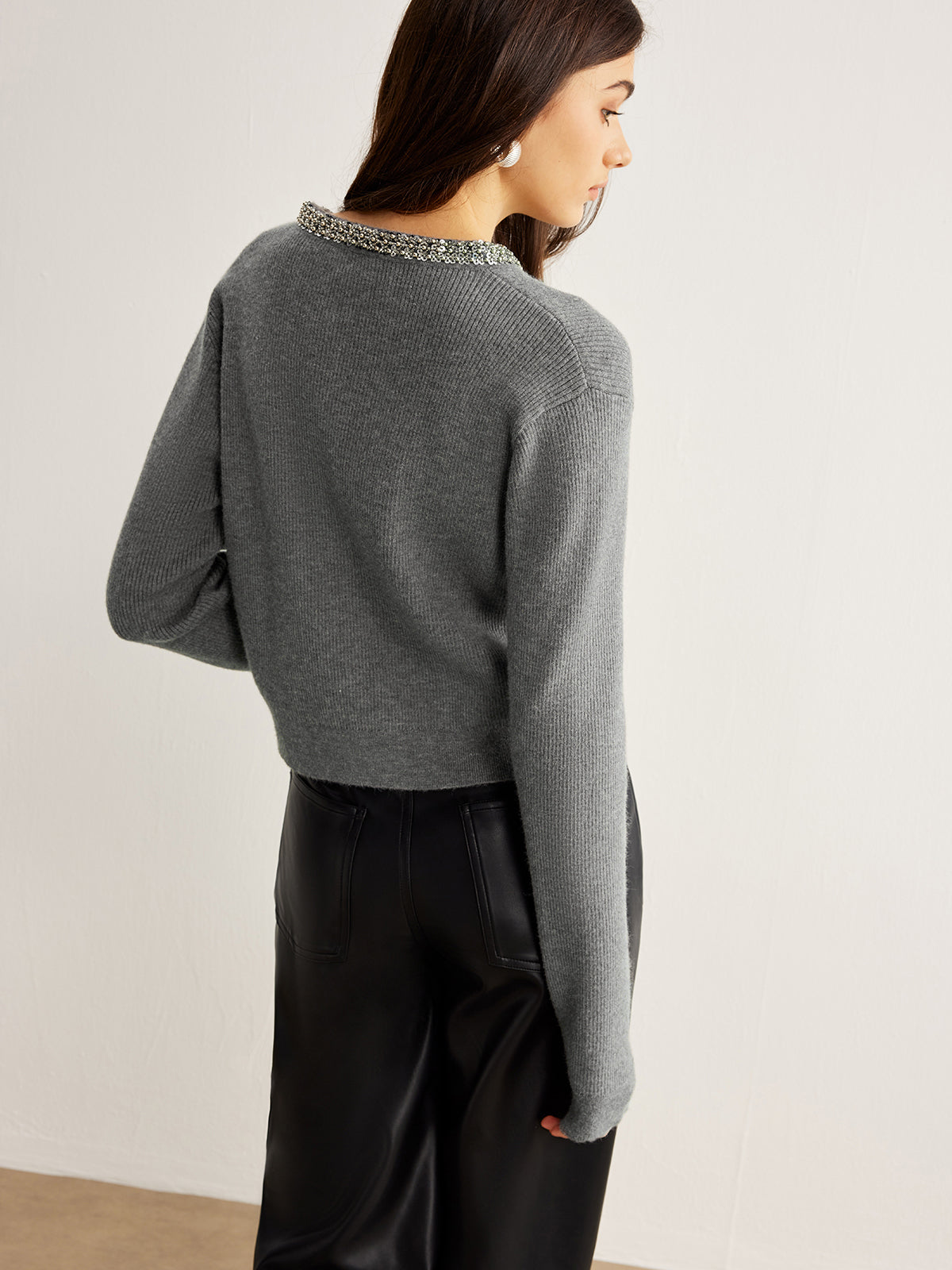 Stone Embellished Collar Chest Cardigan