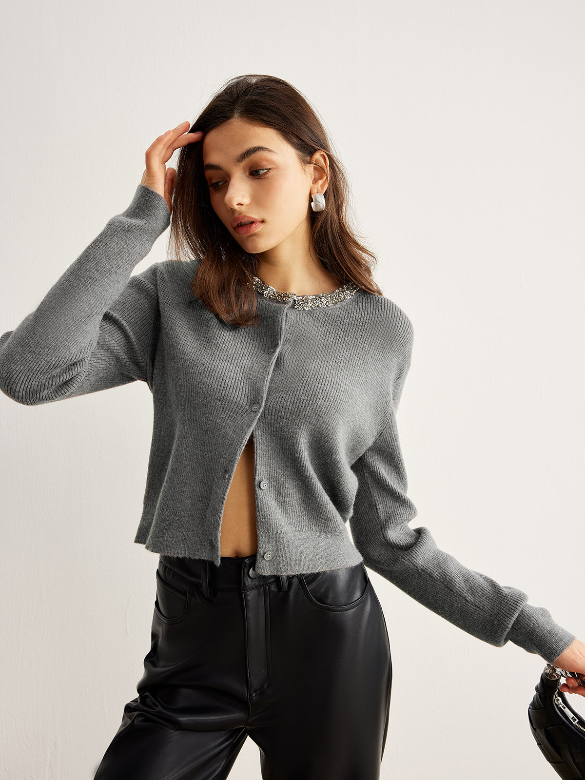 Stone Embellished Collar Chest Cardigan