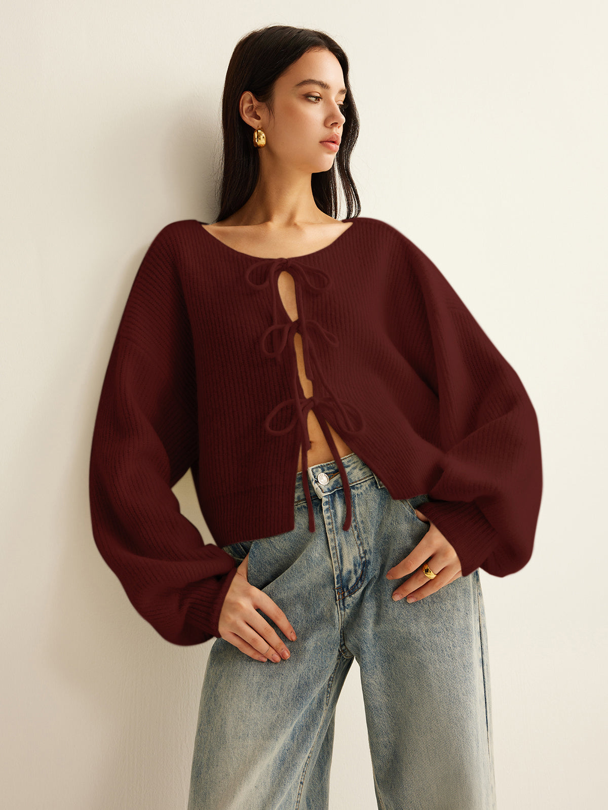 Strickjacke aus Wollmischgewebe mit Kordelzug
