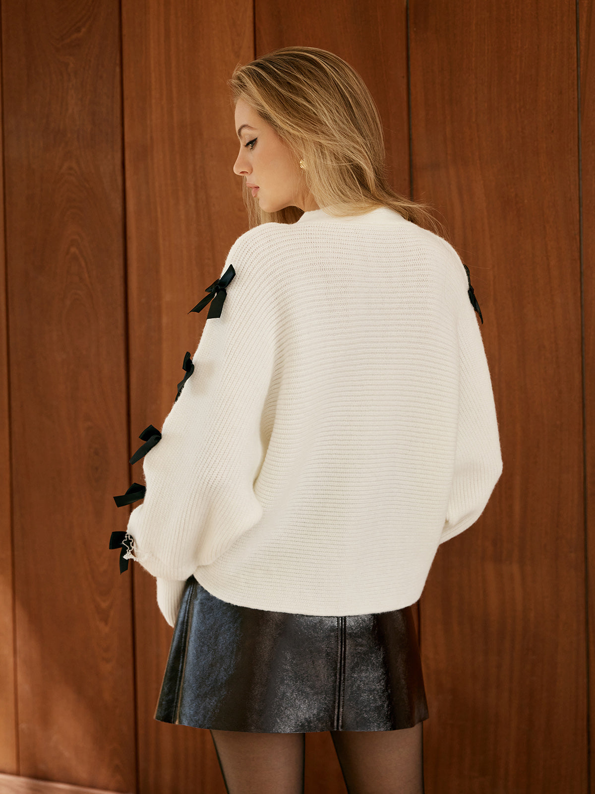 V-Neck Short Cardigan with Bow Decoration