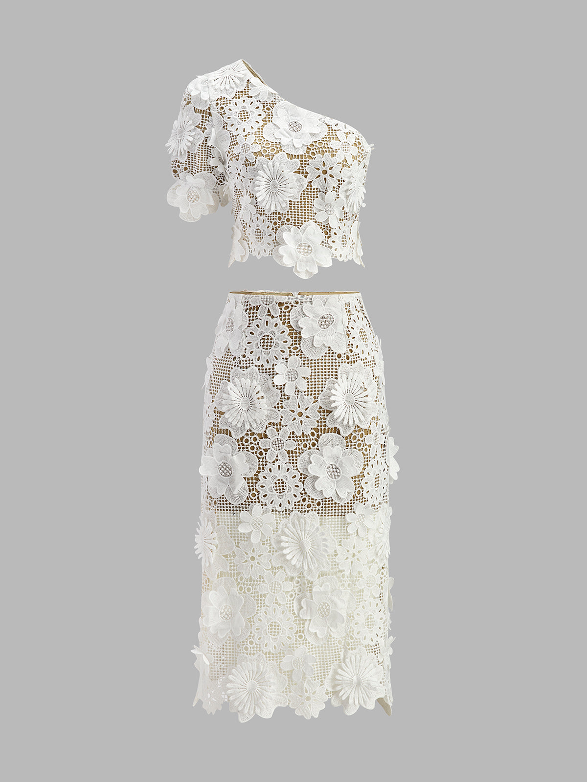 Asymmetrisches Set aus Oberteil und Rock aus floraler Spitze 