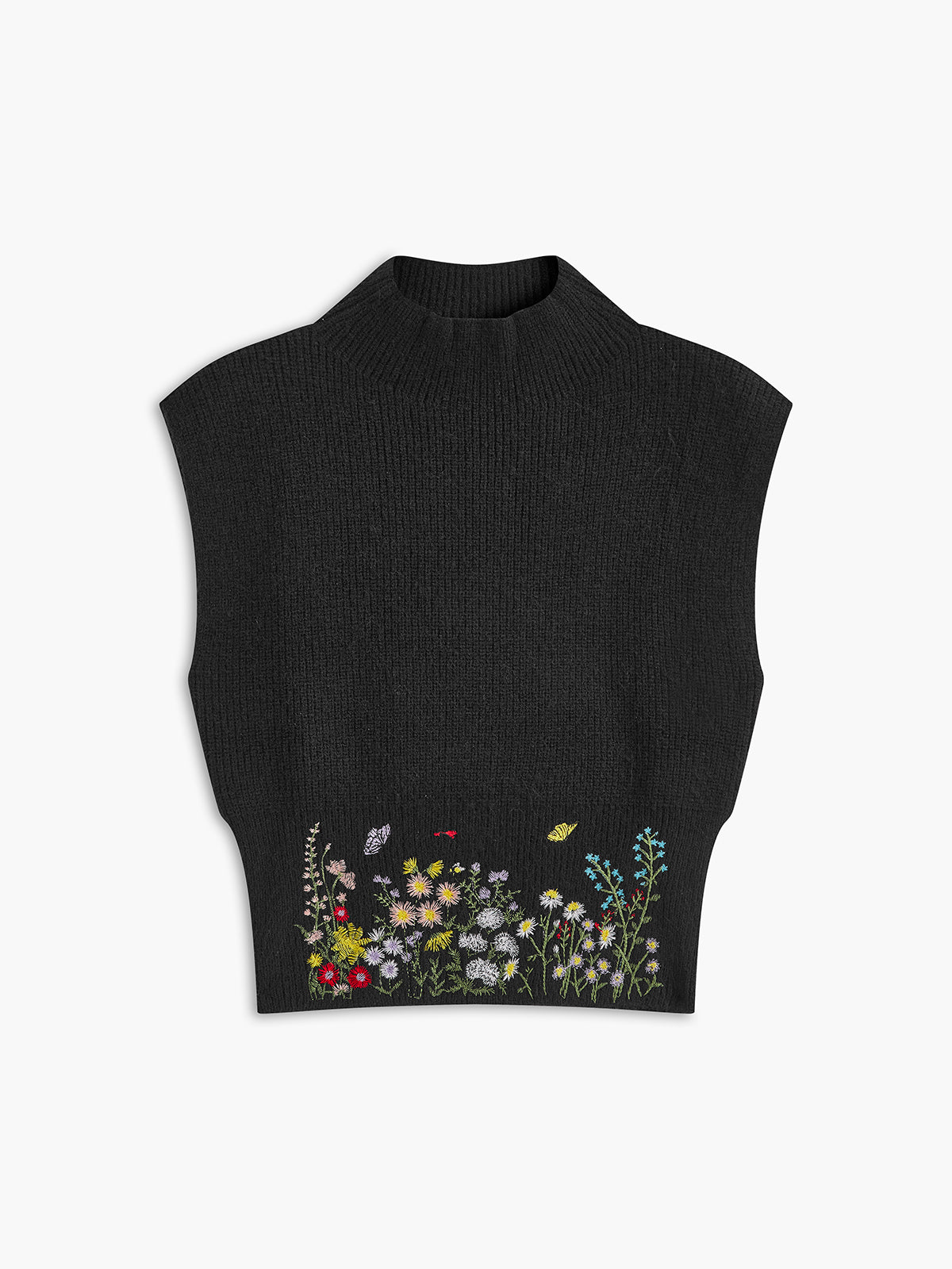 Strickweste mit hohem Kragen und besticktem Blumenmuster