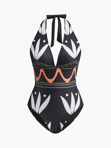 Badeanzug mit Neckholder und geometrischem Muster