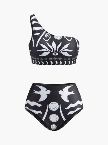 Tek Omuzlu Tribal Baskılı Bikini Takımı