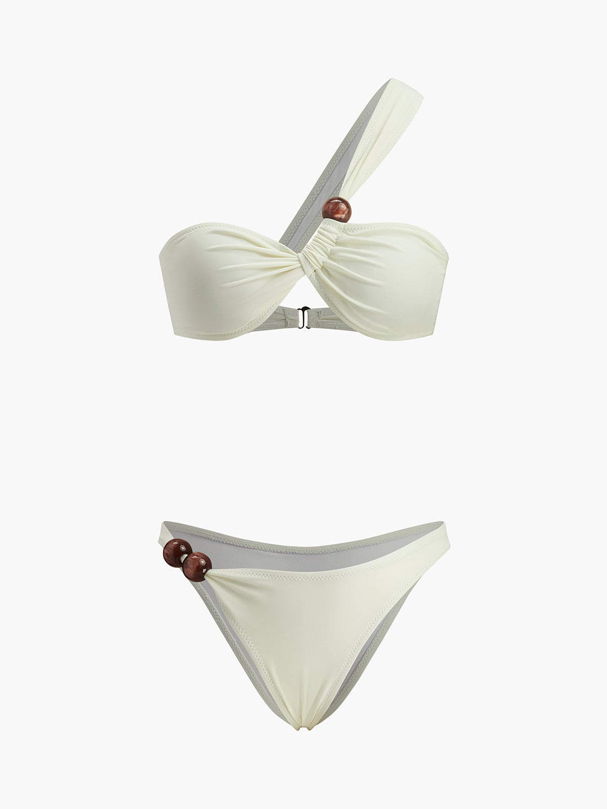 One-Shoulder Bikini Set with Wooden Bead Details