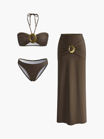 Bandeau-Bikini-Set mit drapiertem Rock und ovalem Ringdetail