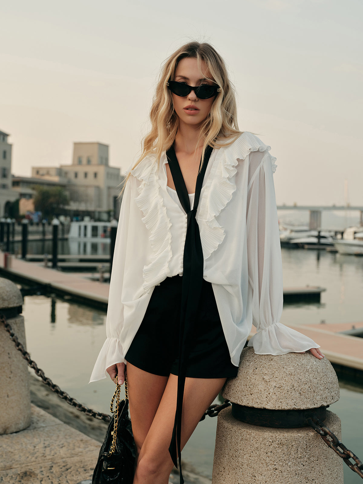 Semi-Sheer Blouse with Contrasting Tie and Ruffled Details