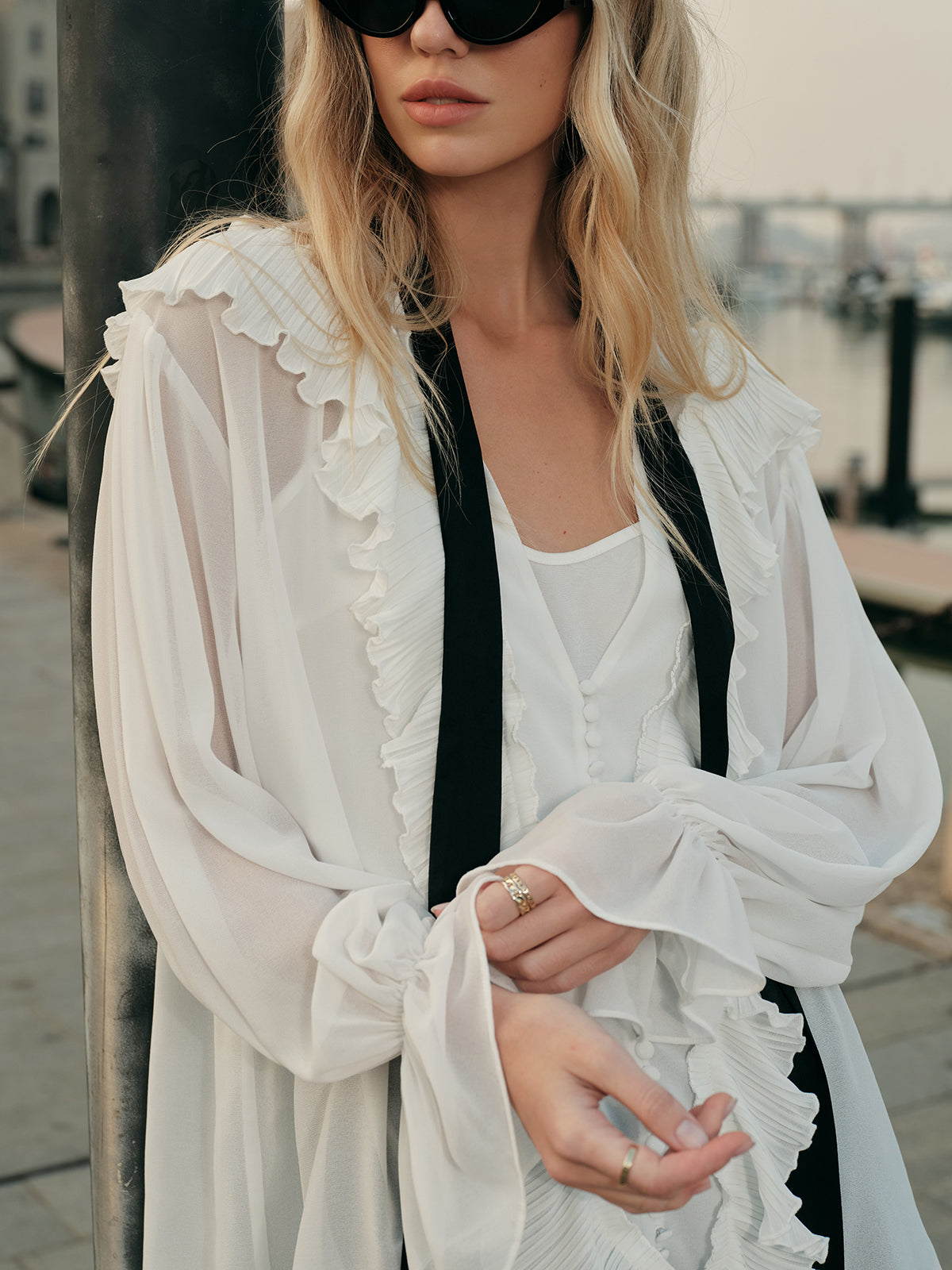 Semi-Sheer Blouse with Contrasting Tie and Ruffled Details