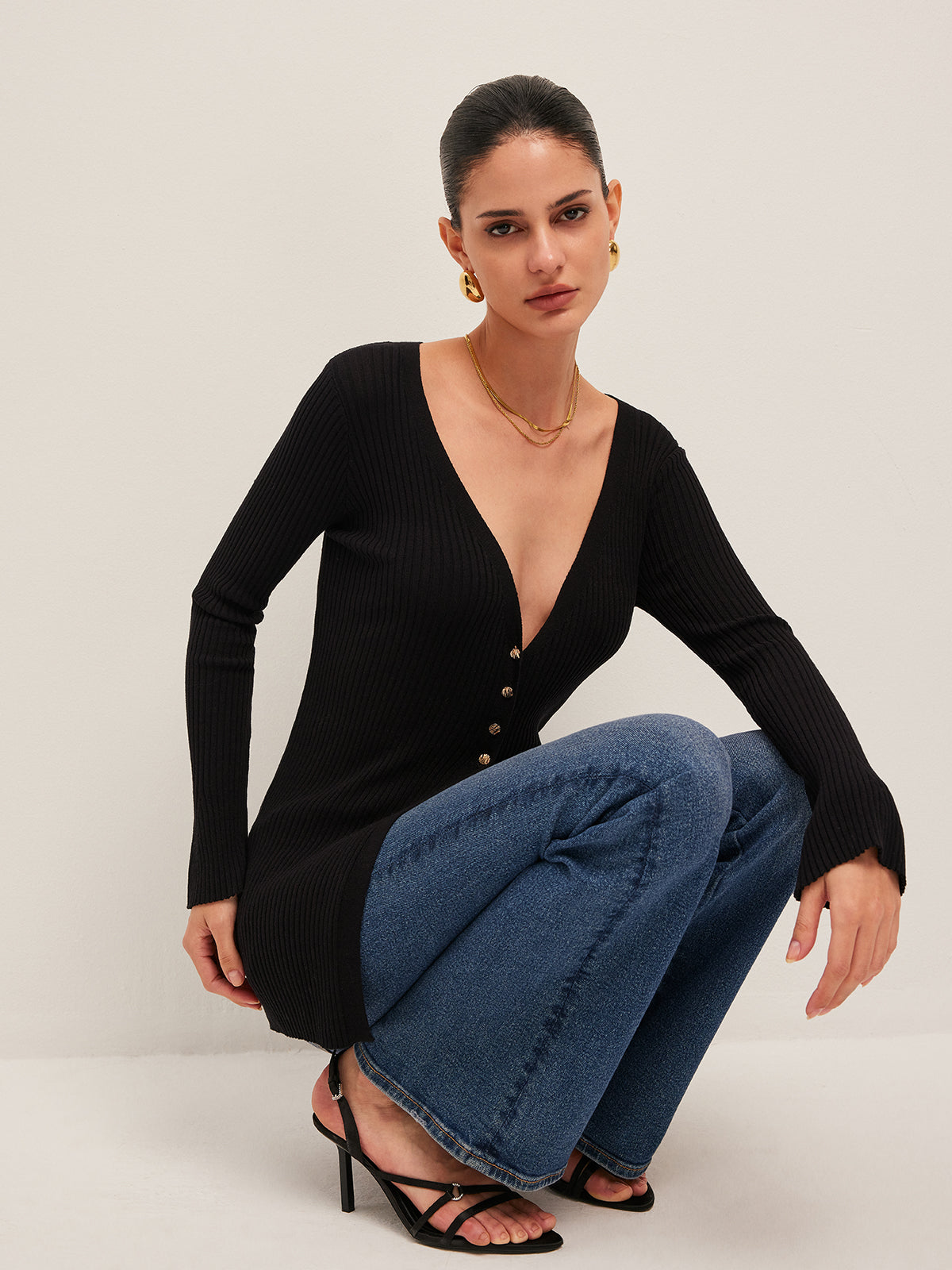 Ribbed Slit Buttoned Cardigan