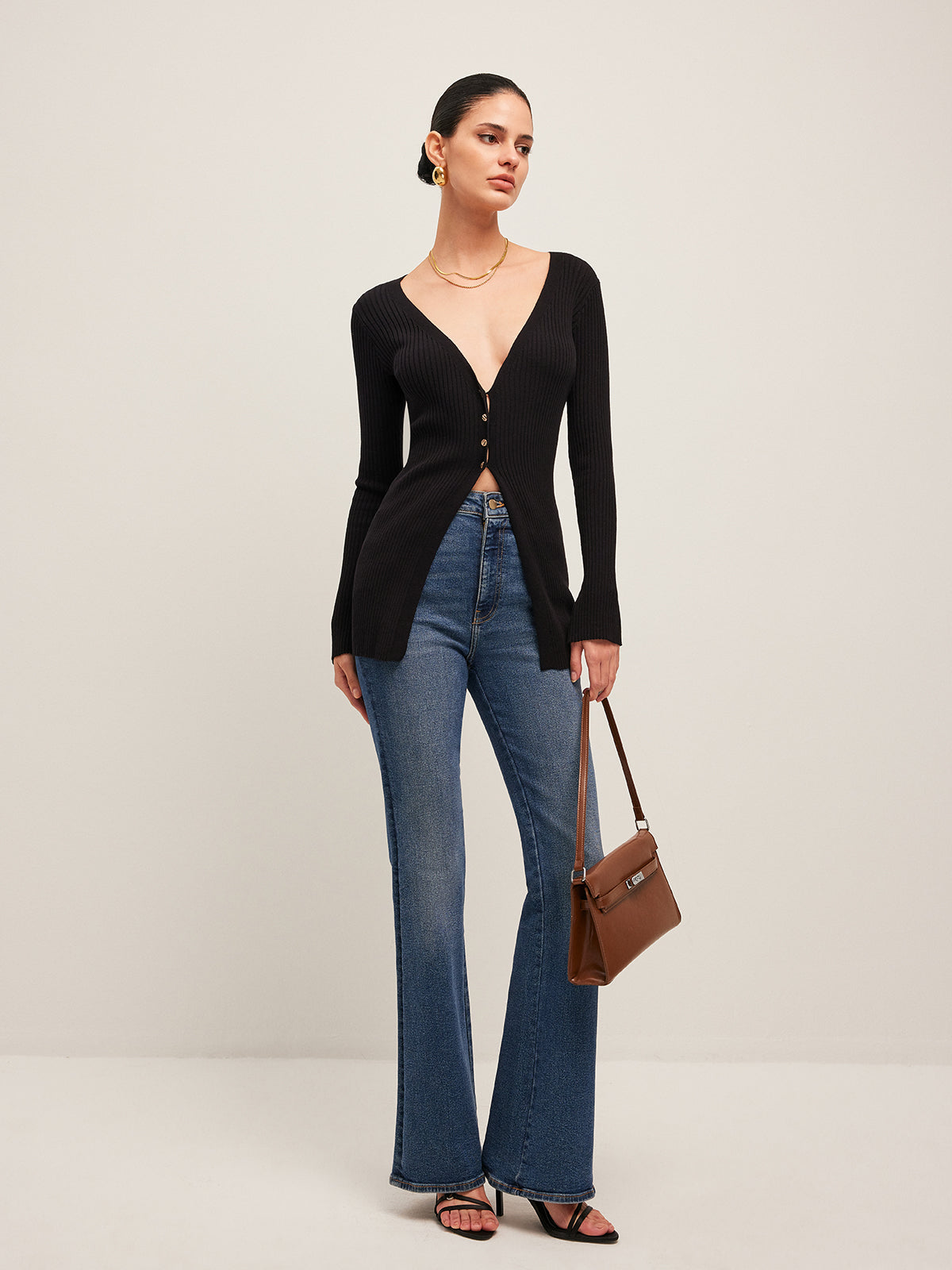 Ribbed Slit Buttoned Cardigan