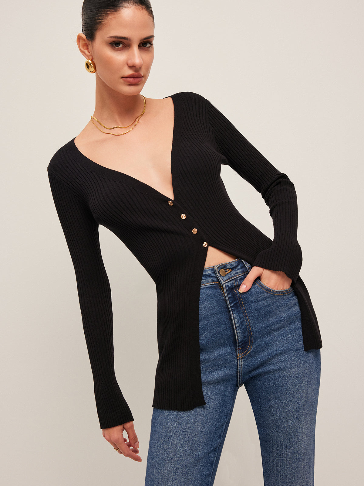 Ribbed Slit Buttoned Cardigan