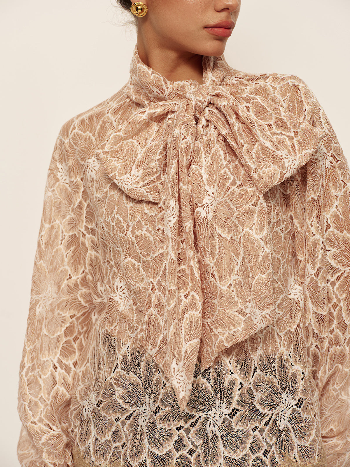Halbtransparente Spitzenbluse mit Schleifendetail vorne