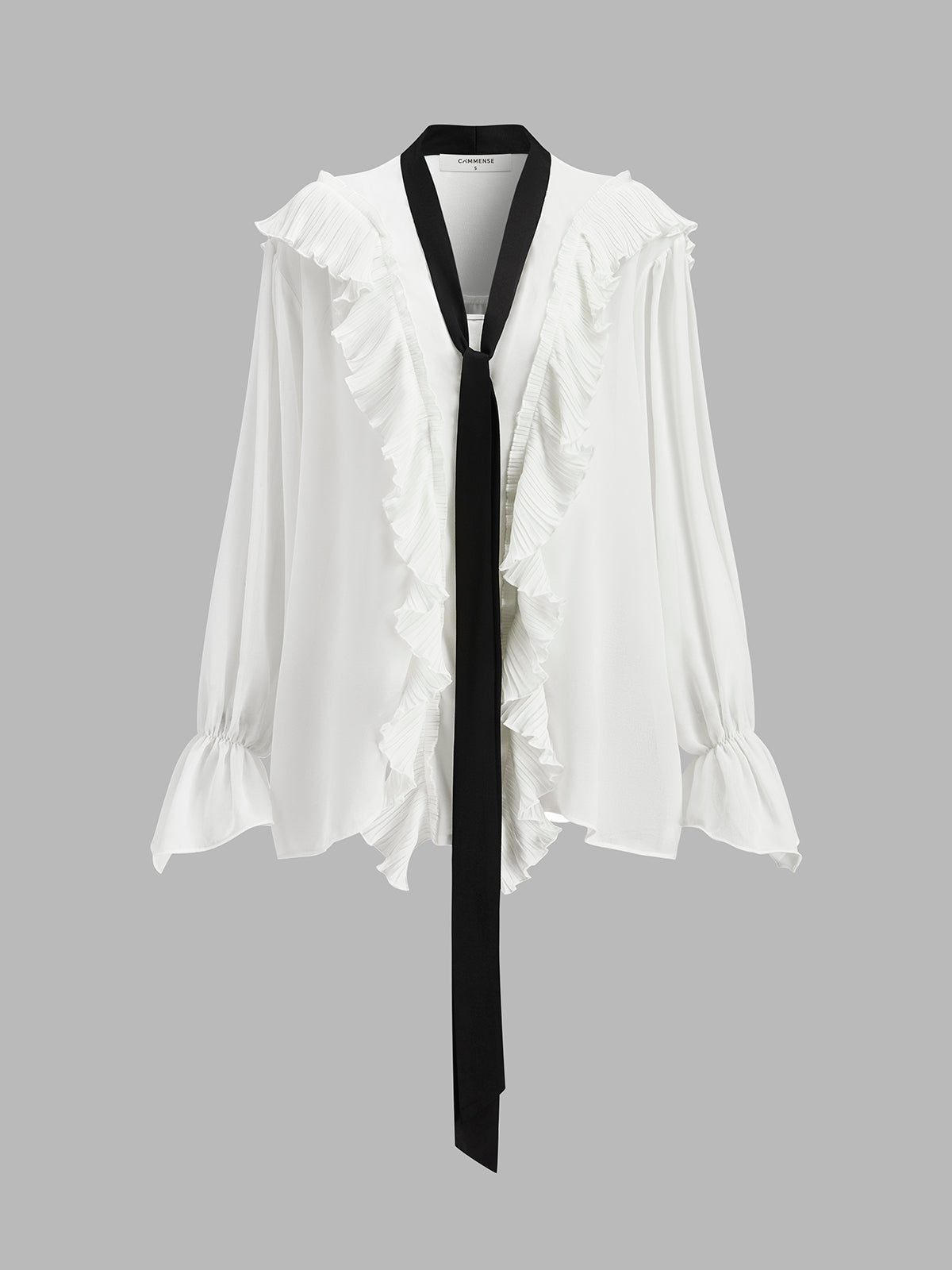 Semi-Sheer Blouse with Contrasting Tie and Ruffled Details