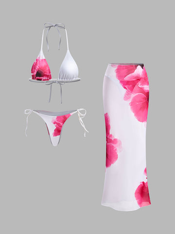 Floral Bikini Set with Semi-Sheer Skirt