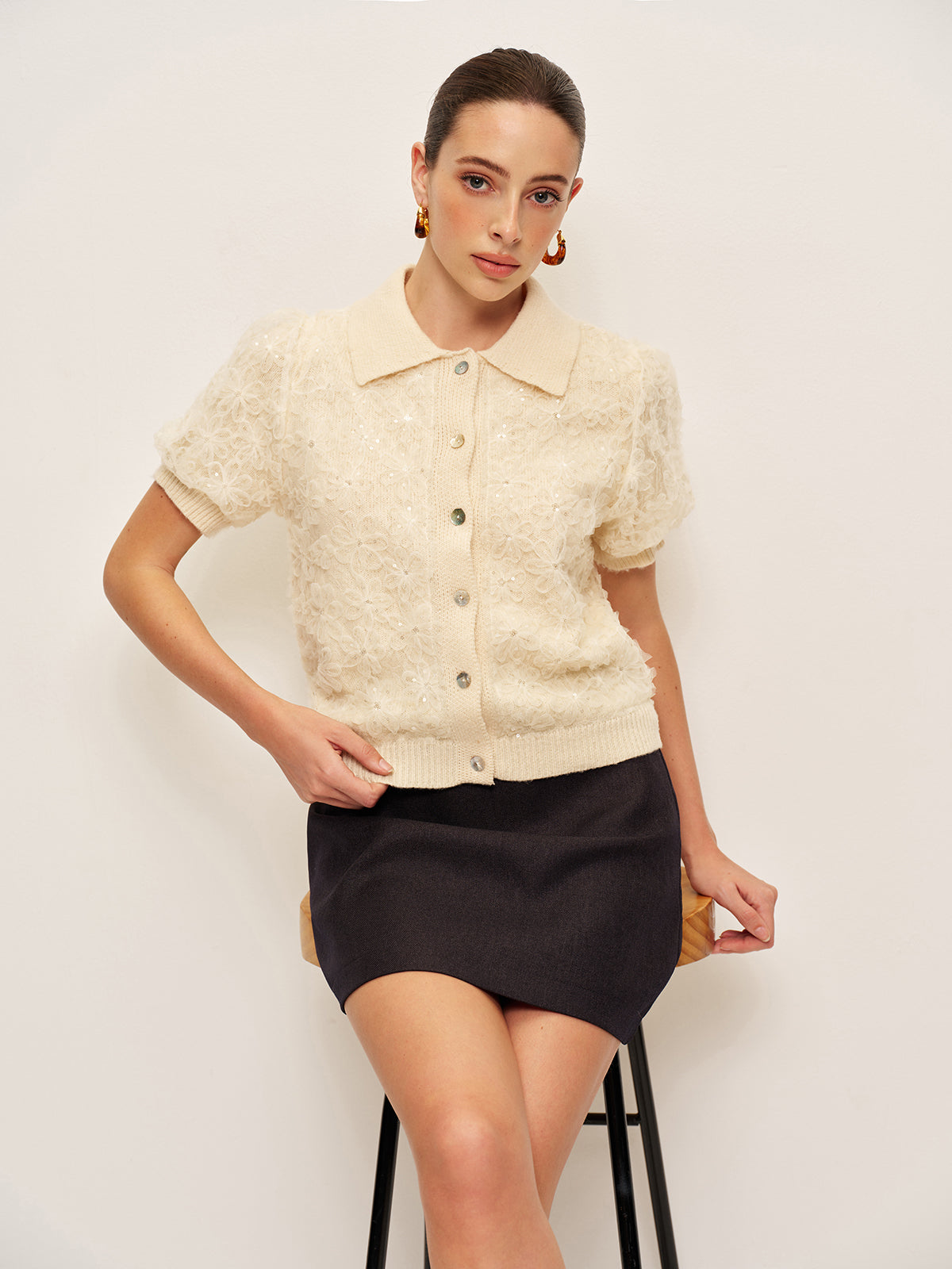 Paillettenbesetzter Spitzenstrickcardigan