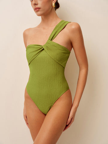 Wrinkled Twist One-Shoulder Swimsuit