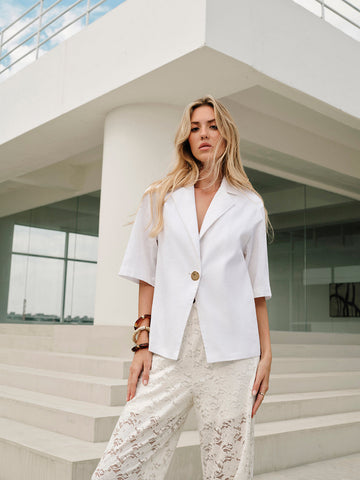 Bluse aus Baumwolle und Leinen mit Metallkragen