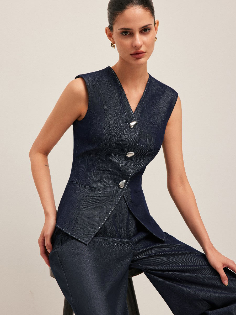 Peplum Vest with Contrast Stitching and Buttons