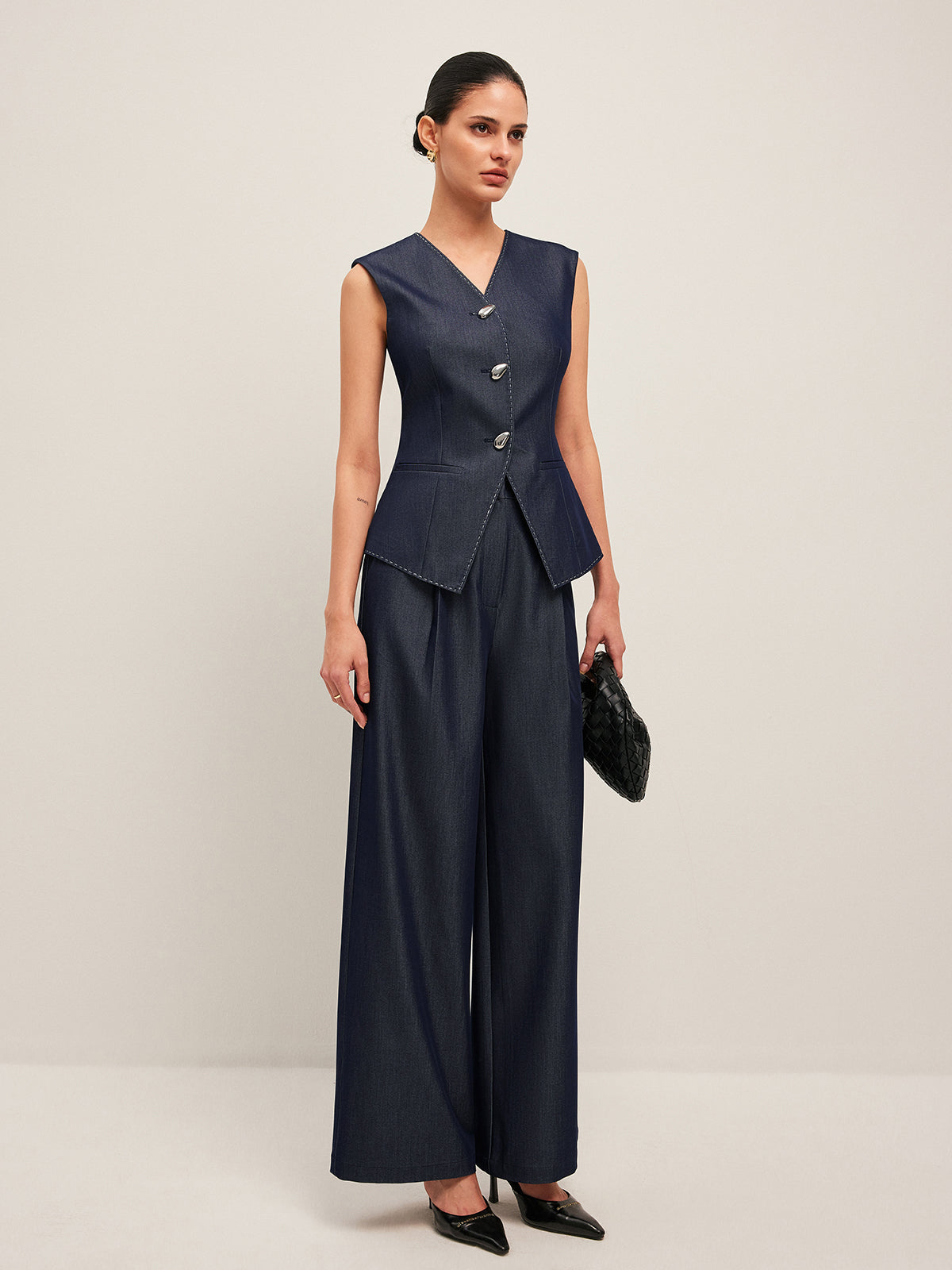 Peplum Vest with Contrast Stitching and Buttons