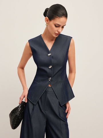 Peplum Vest with Contrast Stitching and Buttons