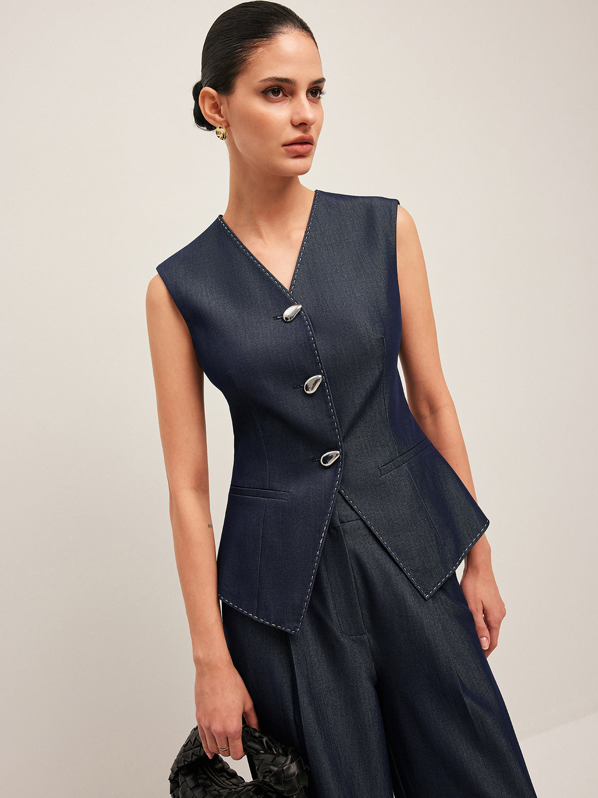 Peplum Vest with Contrast Stitching and Buttons