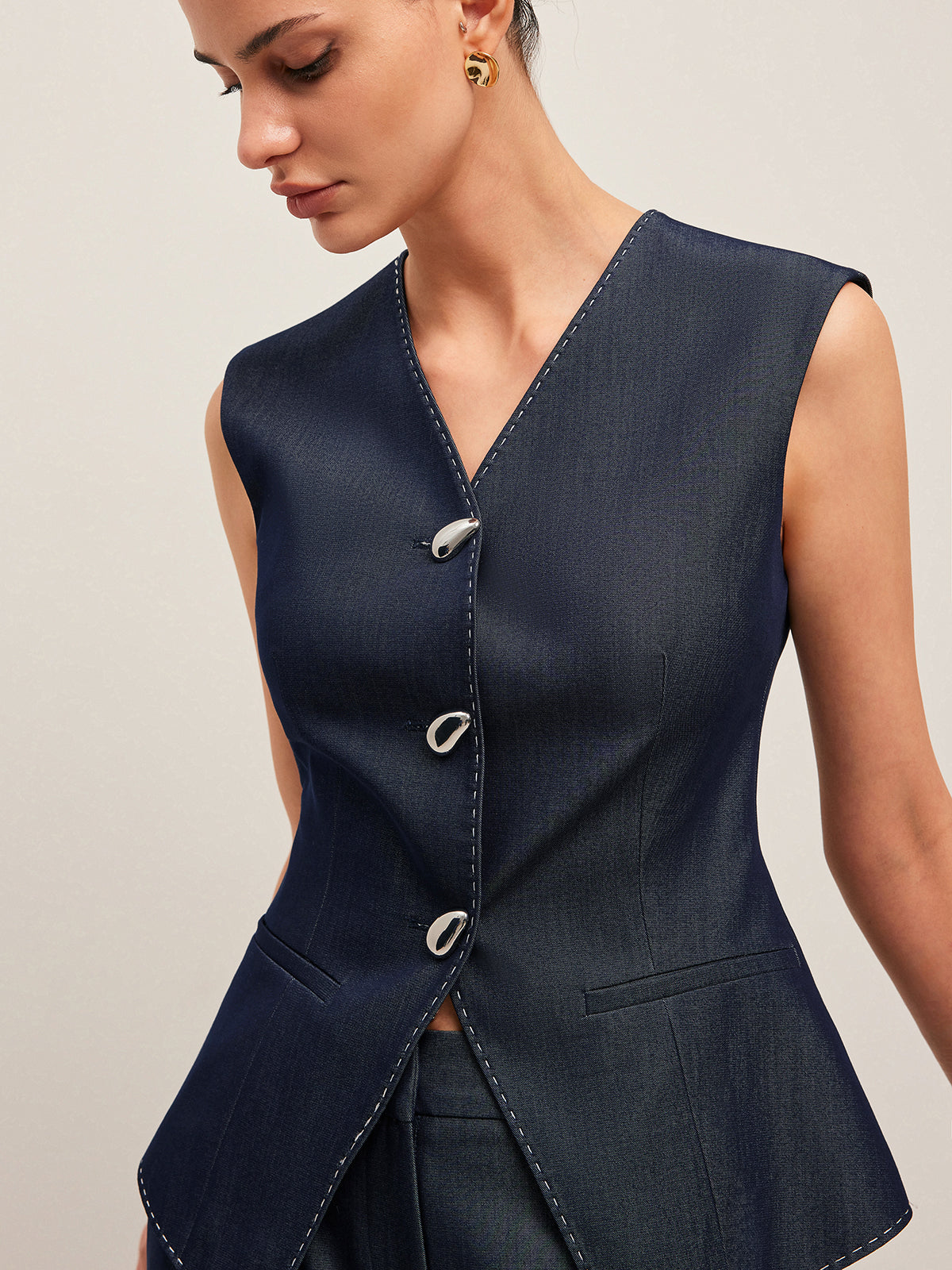 Peplum Vest with Contrast Stitching and Buttons