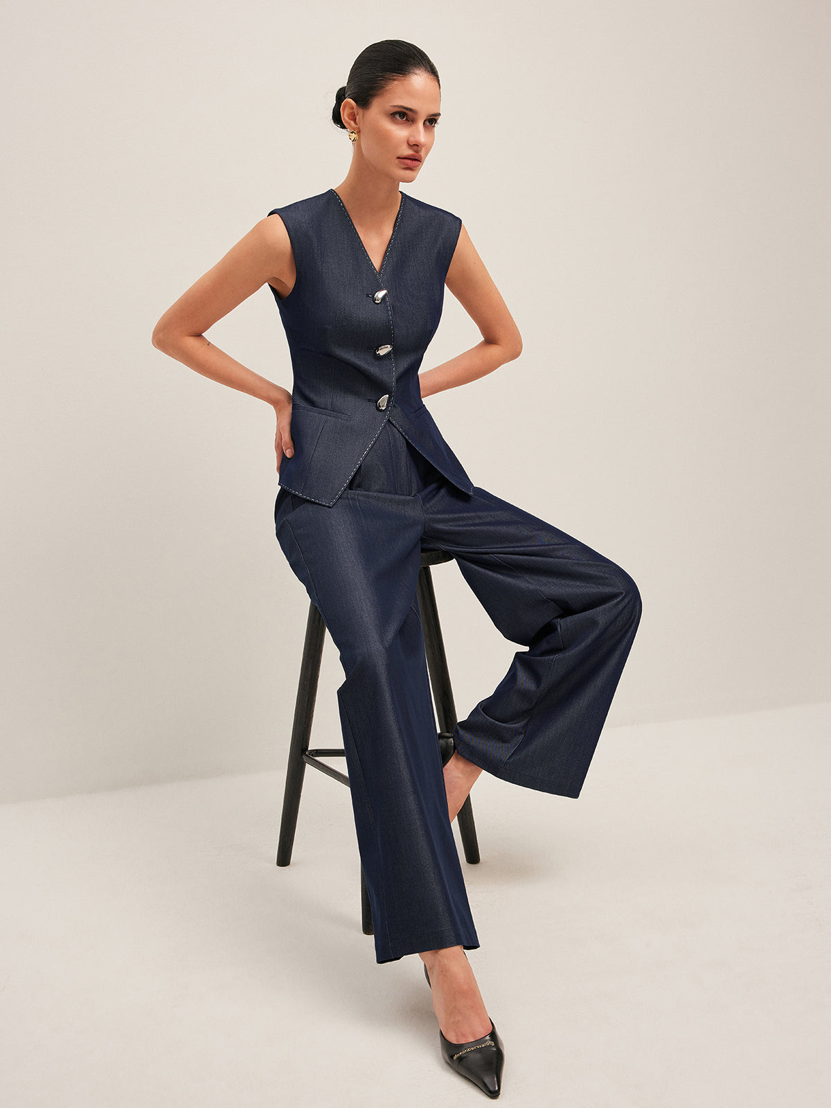 Peplum Vest with Contrast Stitching and Buttons