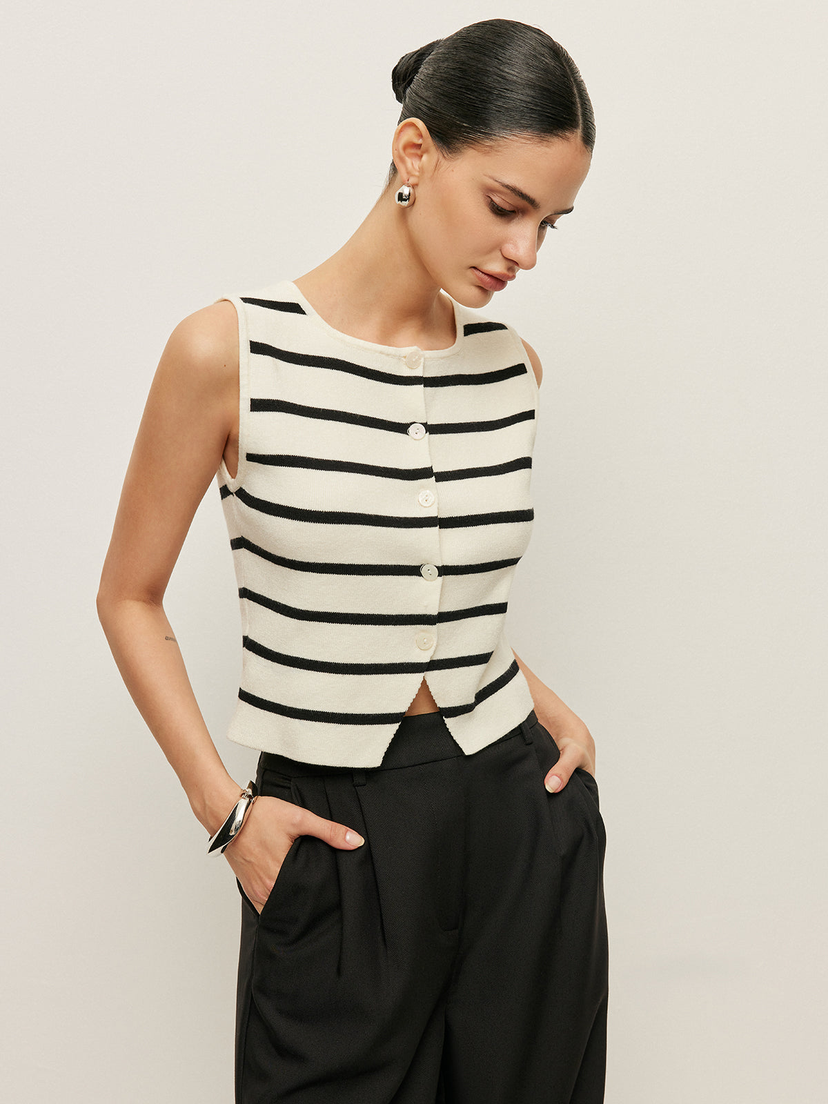 Striped Buttoned Knitted Vest