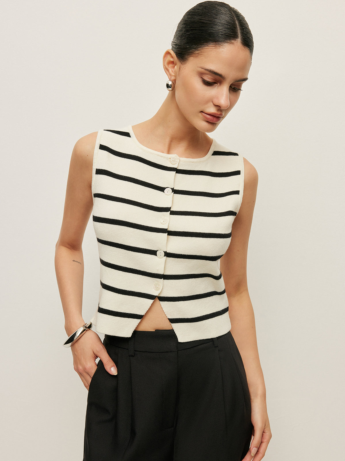 Striped Buttoned Knitted Vest