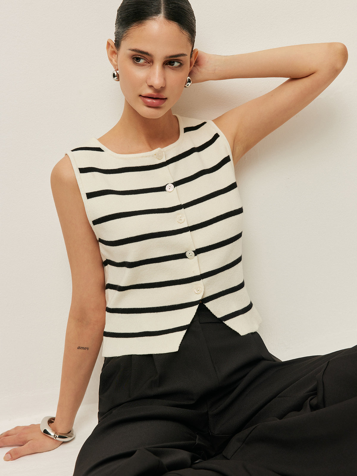 Striped Buttoned Knitted Vest