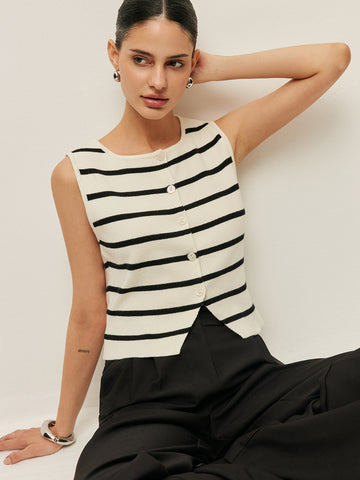 Striped Buttoned Knitted Vest