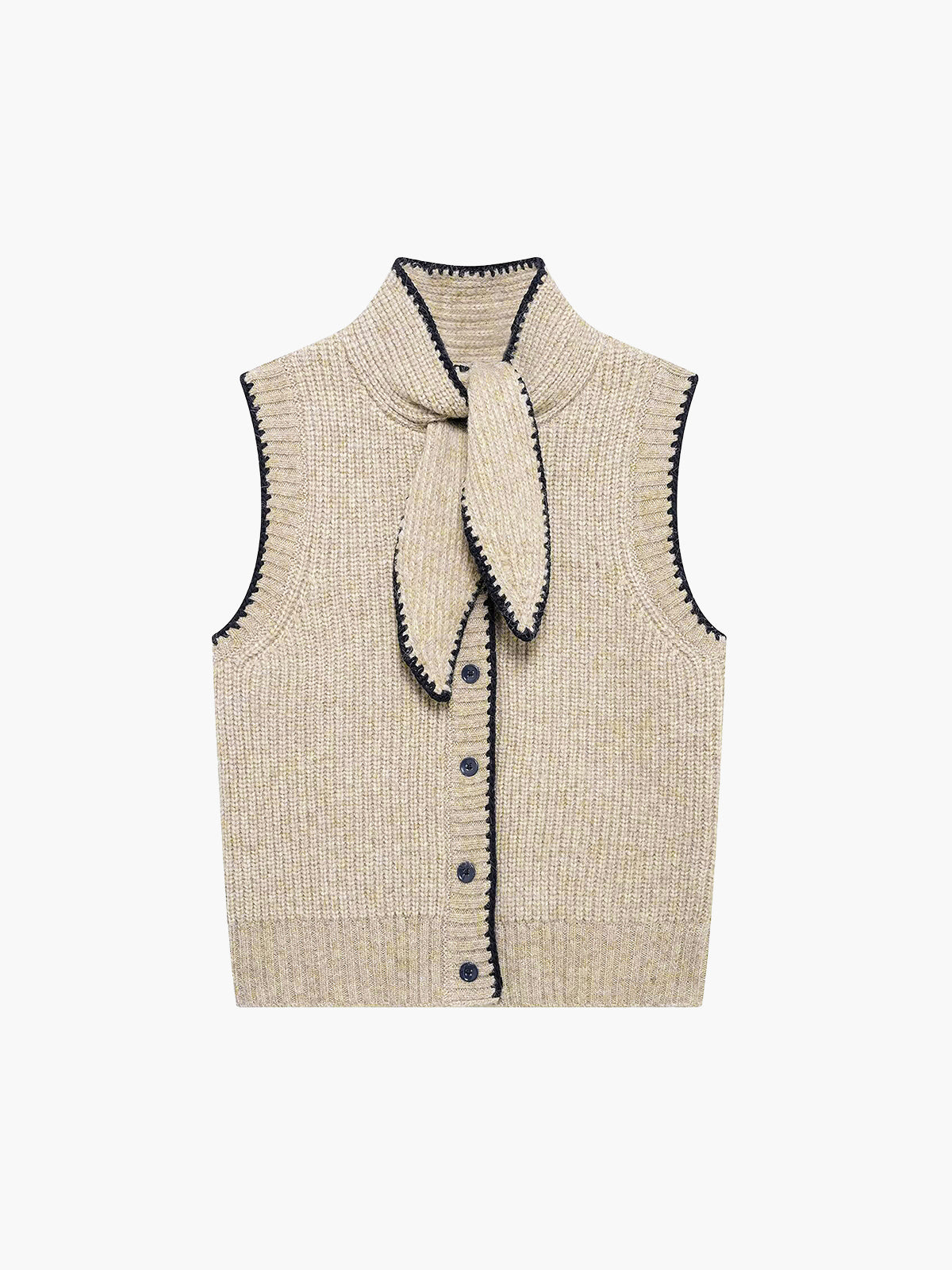 Tie Neck Contrast Trim Buttoned Sweater Vest