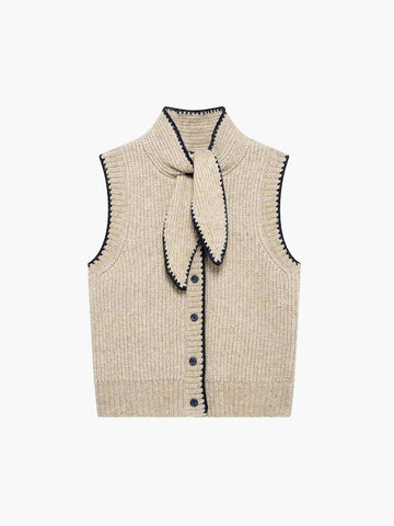 Tie Neck Contrast Trim Buttoned Sweater Vest