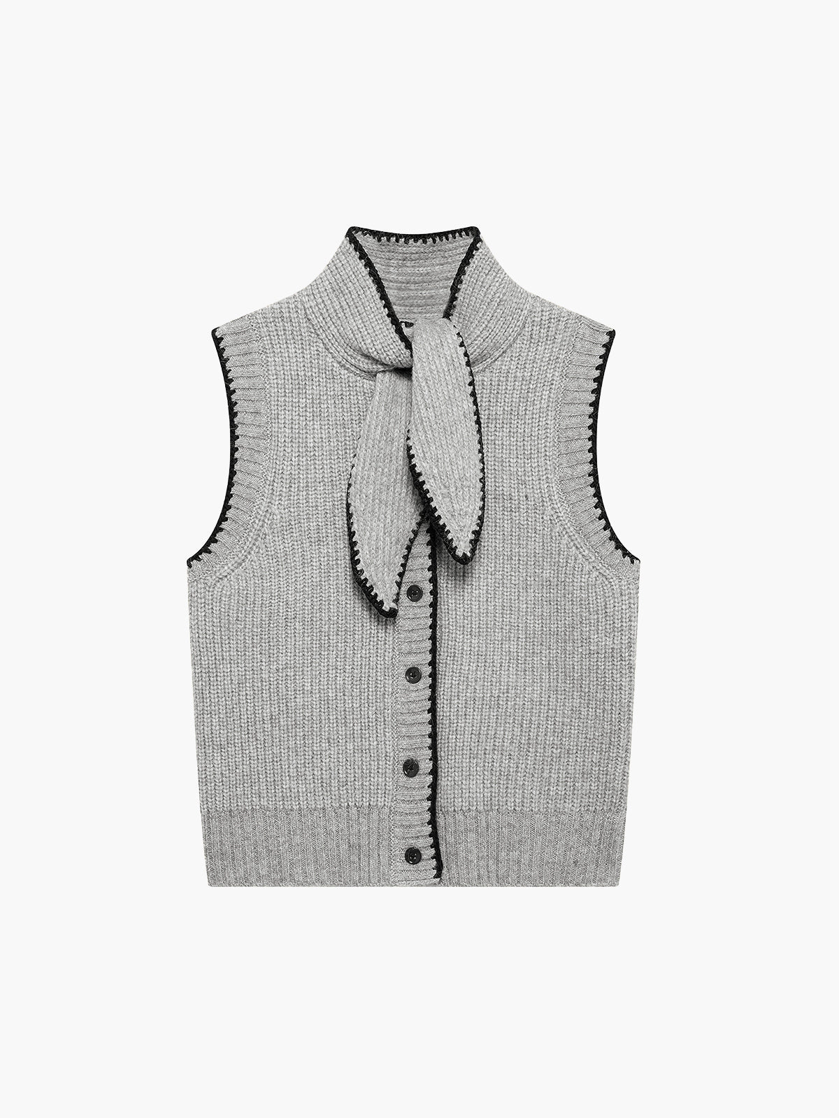 Tie Neck Contrast Trim Buttoned Sweater Vest