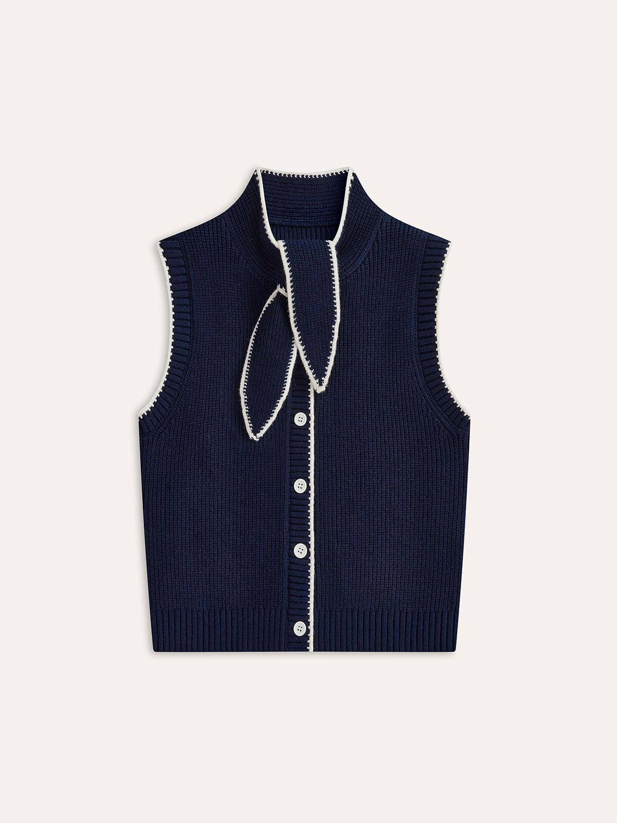 Tie Neck Contrast Trim Buttoned Sweater Vest