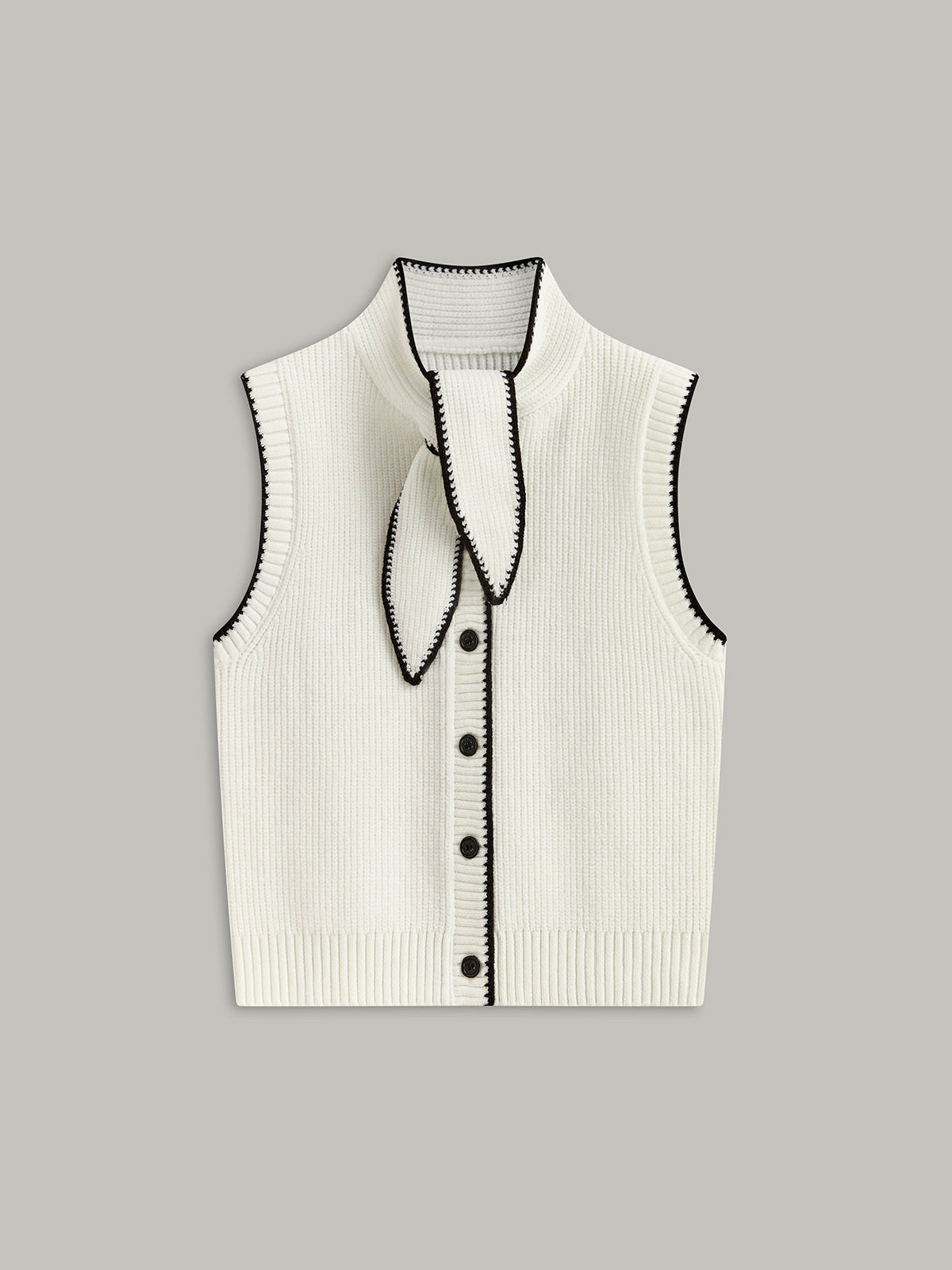 Tie Neck Contrast Trim Buttoned Sweater Vest