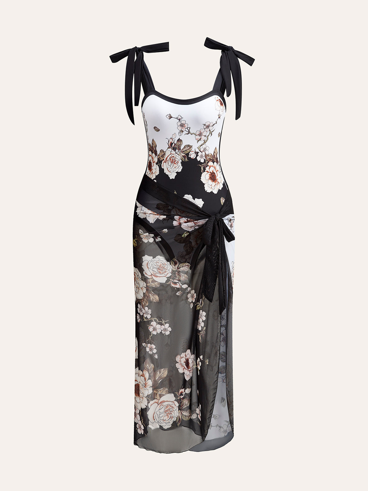 Floral Lace-Up One-Piece Swimsuit with Cover-Up Top
