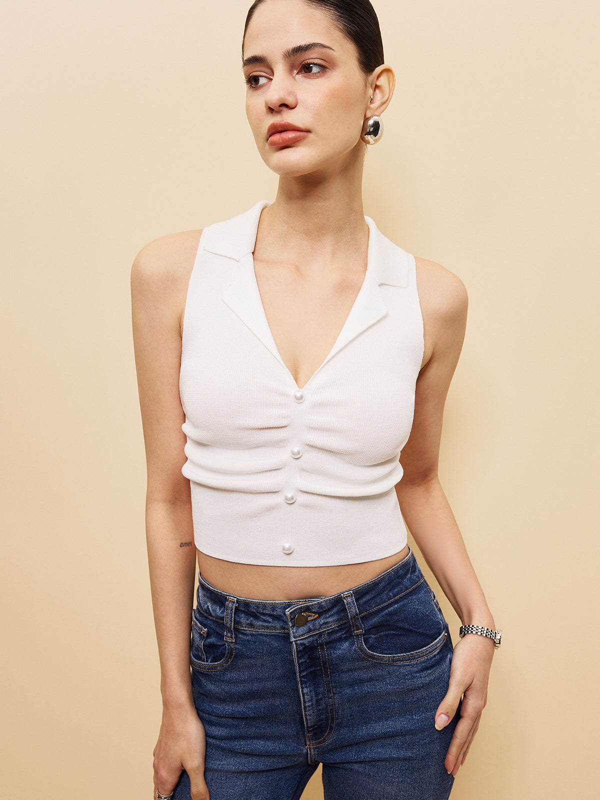 Sleeveless Button-Front Cropped Sweater Vest