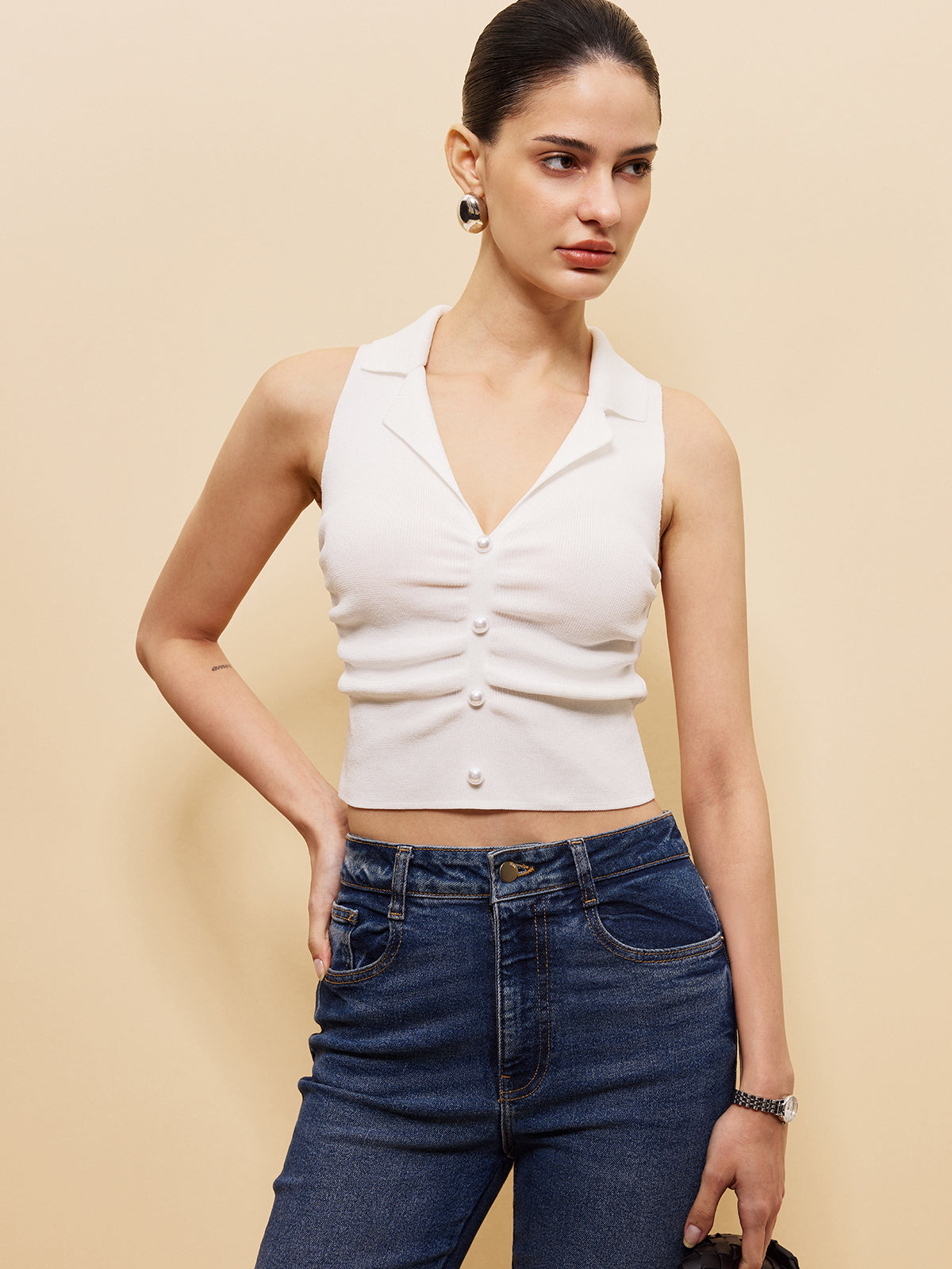 Sleeveless Button-Front Cropped Sweater Vest