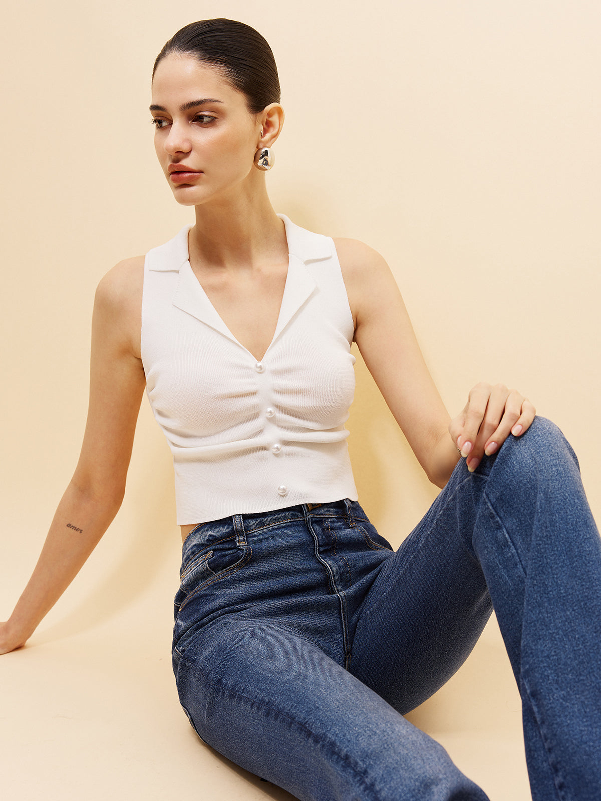 Sleeveless Button-Front Cropped Sweater Vest