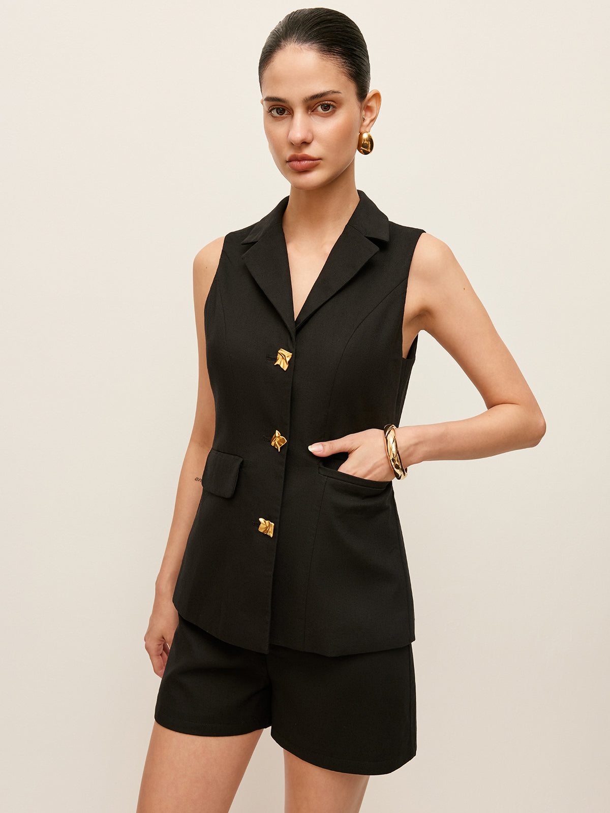 Cotton & Linen Button Detail Pocket Vest