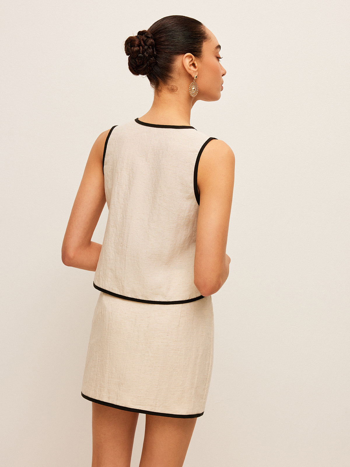 Cotton and Linen V-Neck Skirt Set with Contrast Trim 