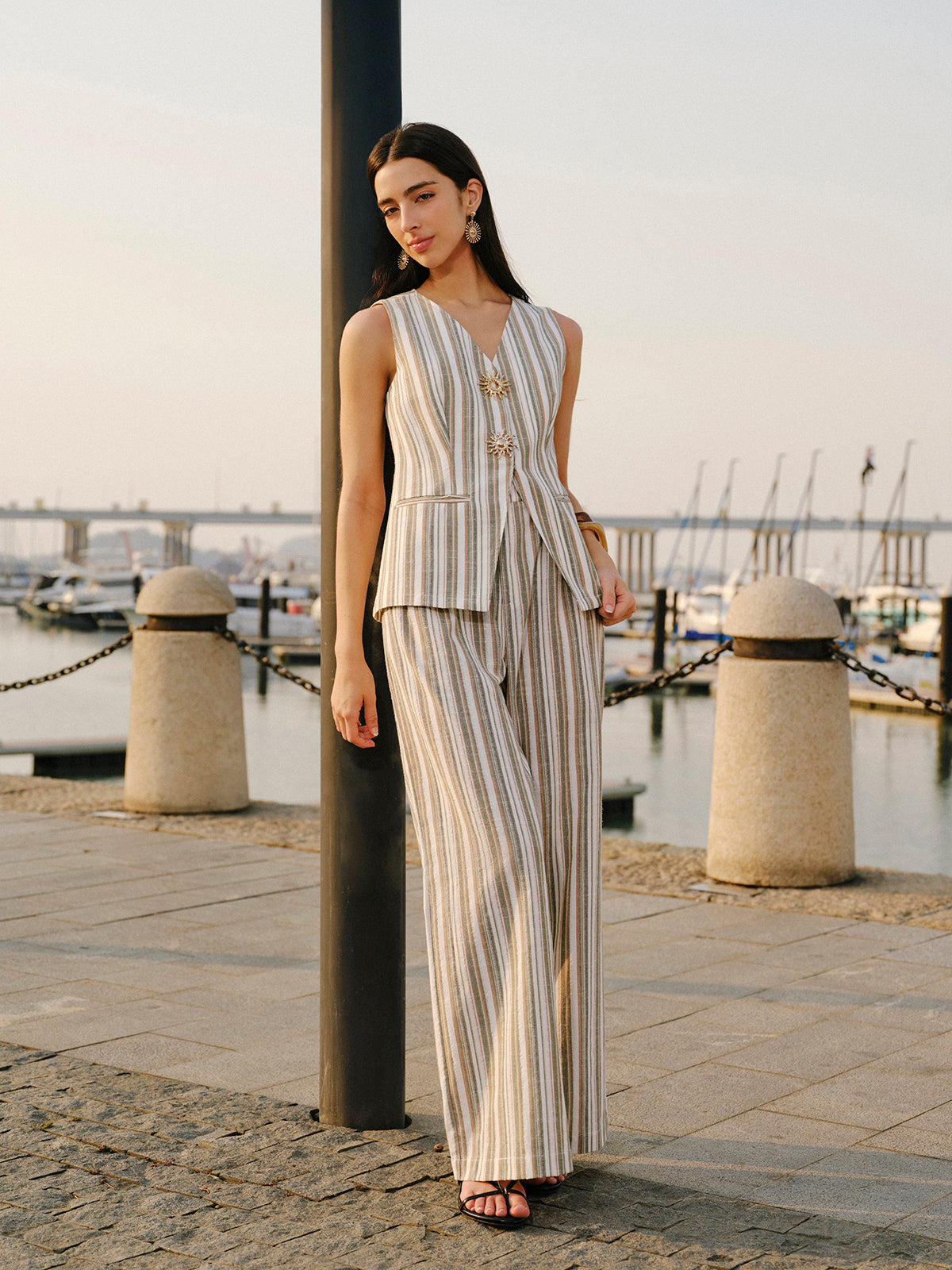 Linen & Cotton V-Neck Striped Vest with Metal Details