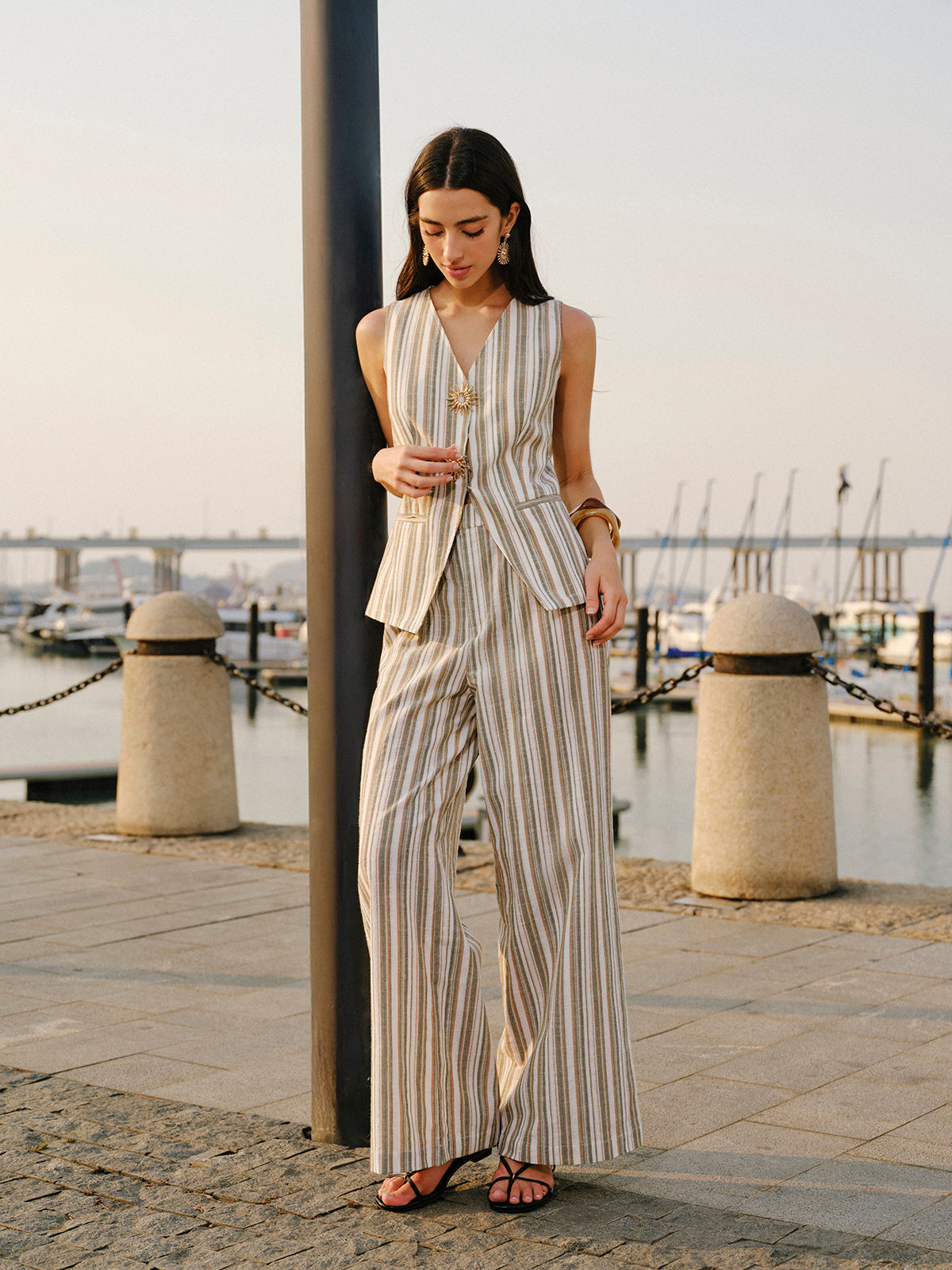Linen & Cotton V-Neck Striped Vest with Metal Details