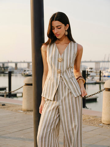 Linen & Cotton V-Neck Striped Vest with Metal Details