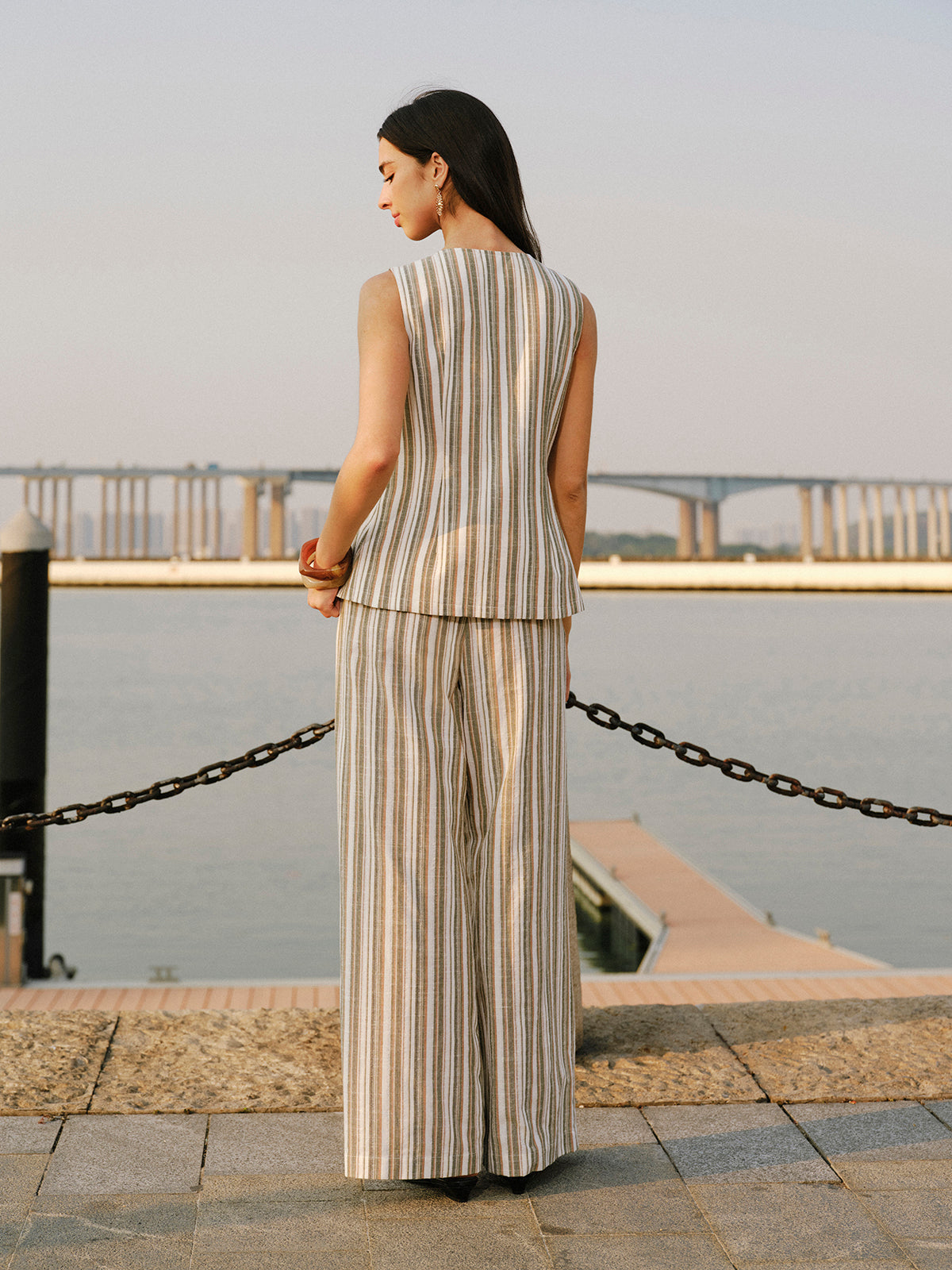Linen & Cotton V-Neck Striped Vest with Metal Details